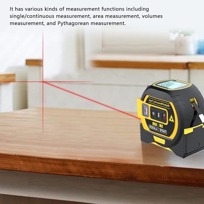  A digital laser tape measure with a yellow and black design is placed on a wooden surface, emitting a red laser beam. The device's LCD screen and control buttons are visible. The text above the image states that the device offers various measurement functions, including single/continuous measurement, area measurement, volume measurement, and Pythagorean measurement. The background features a blurred room setting.