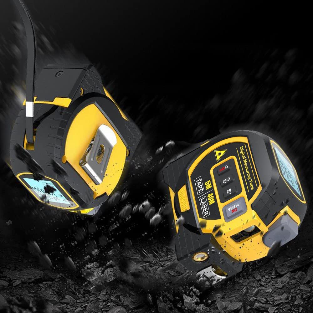  Two digital laser tape measures with yellow and black designs are shown against a dark, rugged background. One device is positioned to display its LCD screen and control buttons, while the other shows the base with the laser emitter and the extended tape measure. The image emphasizes the durability and robustness of the devices, suitable for various measuring tasks.