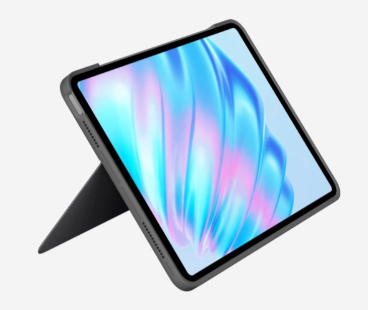 iPad case with an upright stand position, featuring a stunning display and a sturdy protective frame with precision cutouts for speakers and ports.