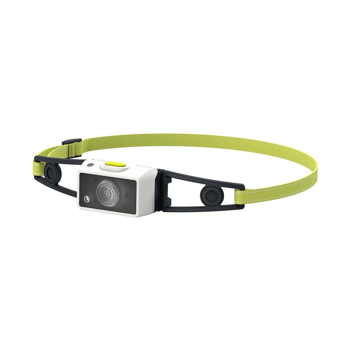  A LED Lenser NEO1R headlamp with a white front housing, featuring a yellow button on top and a prominent LED lens in the center. The headlamp has a black adjustable frame and a yellow strap for a secure fit. The overall design is compact and lightweight, suitable for outdoor activities.