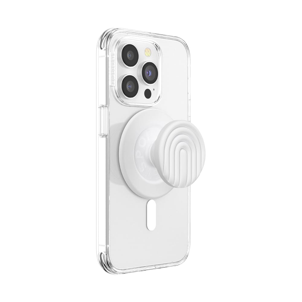 This image shows a white PopSocket with a raised arch pattern attached to a clear smartphone case. The combination of the sleek, transparent case and the modern, textured PopSocket creates a clean and minimalist aesthetic. The PopSocket is securely mounted, providing both style and ergonomic functionality, making it easier to hold and stabilize the phone. The overall design emphasizes simplicity and elegance, ideal for a neutral and versatile look.