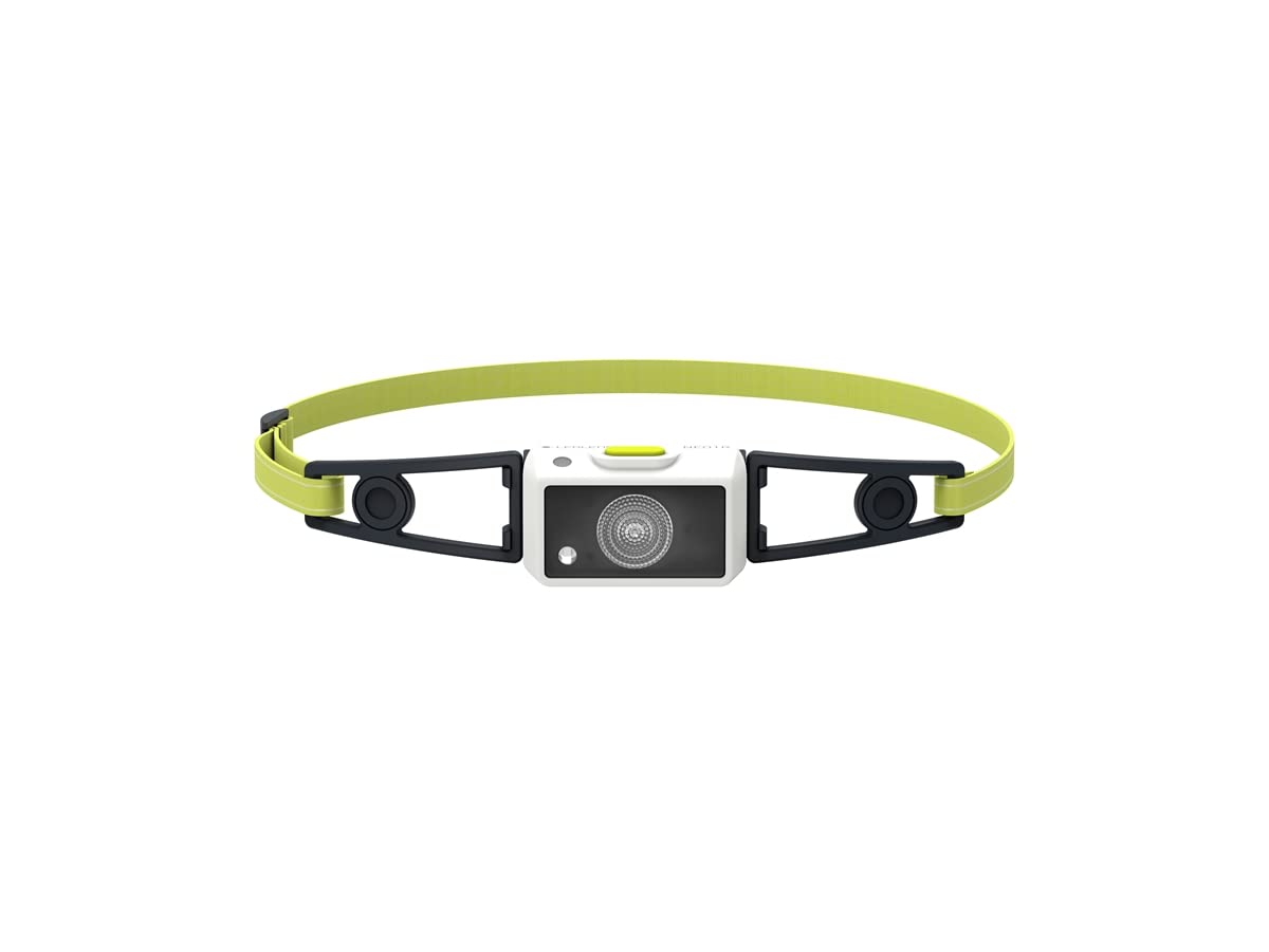  A compact LED headlamp with a white front housing and a yellow adjustable strap. The headlamp features a single lens for the LED light in the center, surrounded by a black frame. The strap has black adjustment clips for a secure fit. The headlamp has a minimalist design with a small button on top for operation.