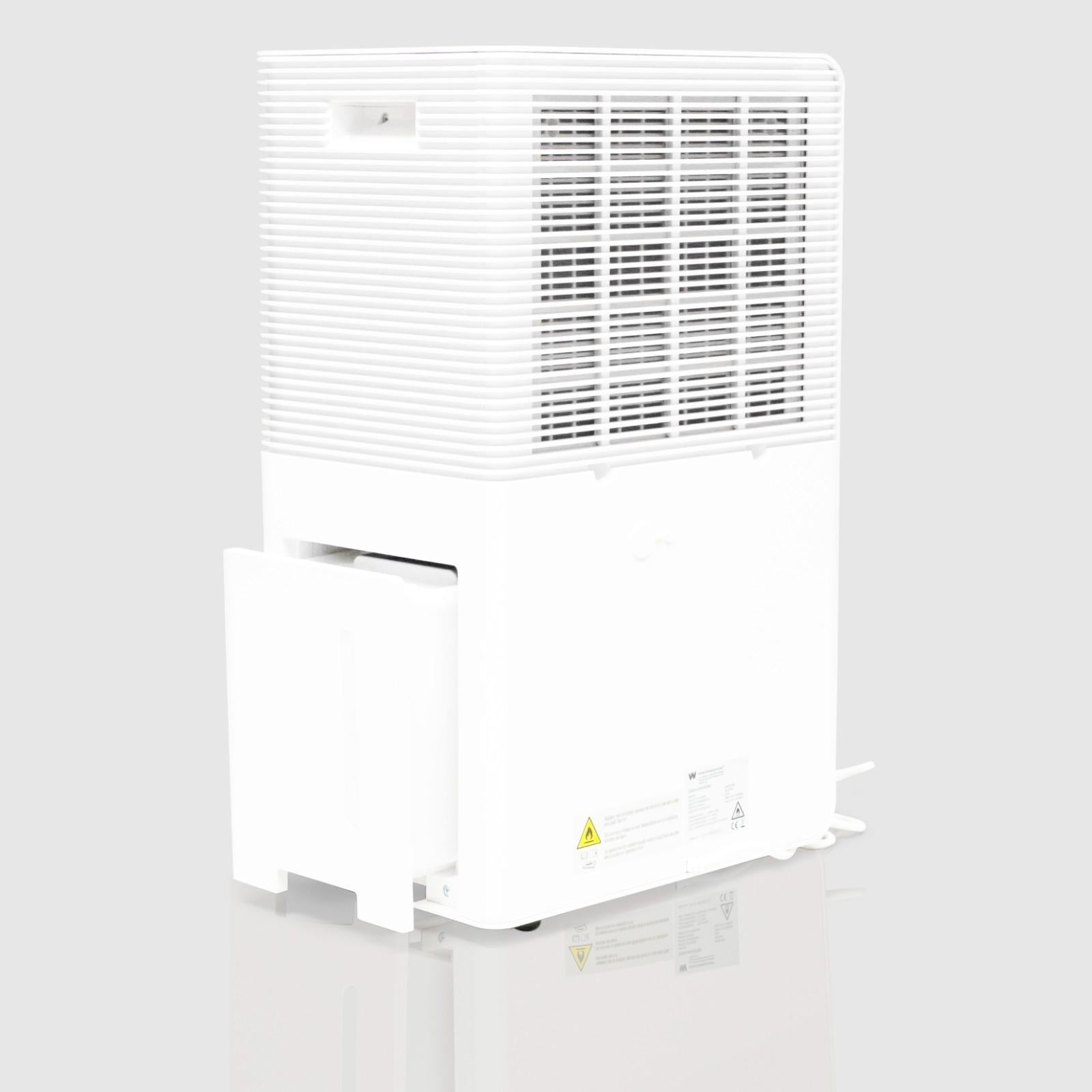 Rear angled view of the White Westinghouse Dehumidifier AWHD50L with the water tank partially removed, showcasing the back air vent and water tank compartment. The sleek white design includes safety labels and is suitable for maintaining optimal humidity levels in residential and commercial spaces.