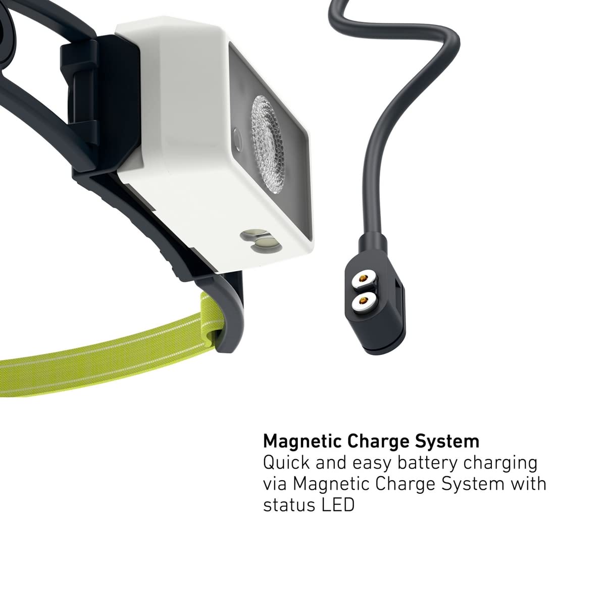  A close-up view of a compact LED headlamp with a white front housing and a yellow adjustable strap, highlighting its Magnetic Charge System. The magnetic charging cable is shown connected to the headlamp, with the text explaining "Magnetic Charge System: Quick and easy battery charging via Magnetic Charge System with status LED." The image focuses on the convenience and efficiency of the charging mechanism.