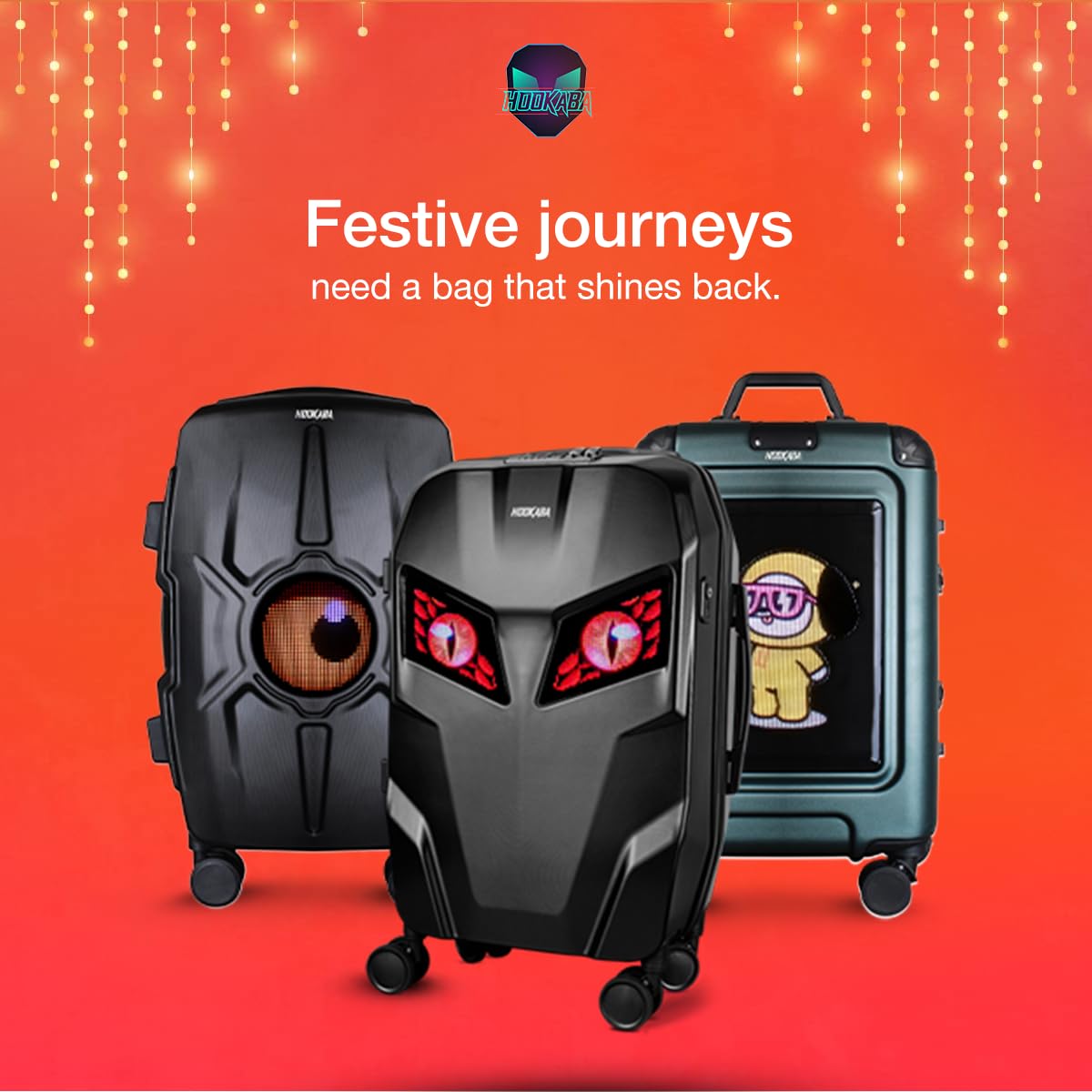 Hookaba Strodder LED Trolley Black – 22″ Cabin-Size 49.7 L Smart Luggage with 96×128-Pixel Removable LED Display