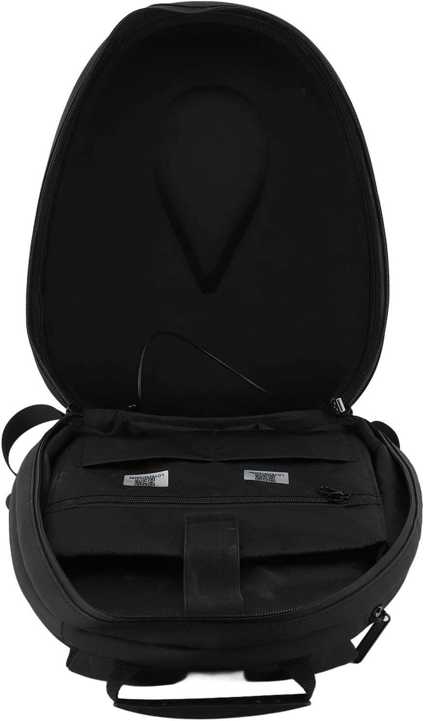 Open black LED backpack viewed from the front, showing its organized interior with multiple compartments for efficient storage. The design emphasizes practicality and ease of access for the user.