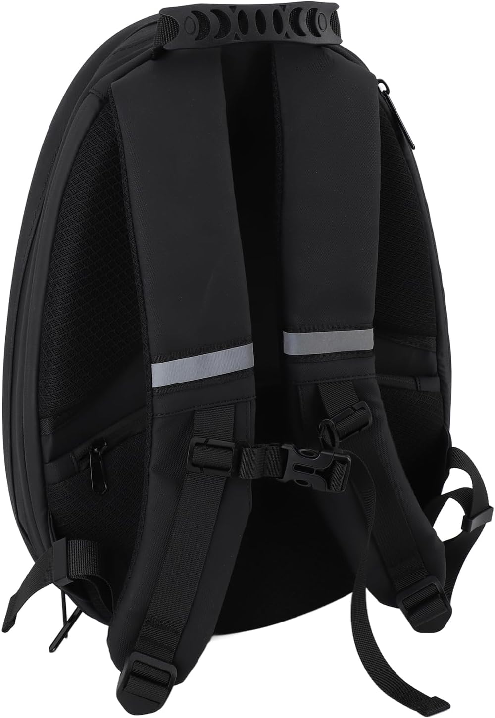 Back view of a black LED backpack showing its padded shoulder straps with reflective strips for added visibility and a chest strap for secure fastening. The design ensures comfort and safety for the wearer