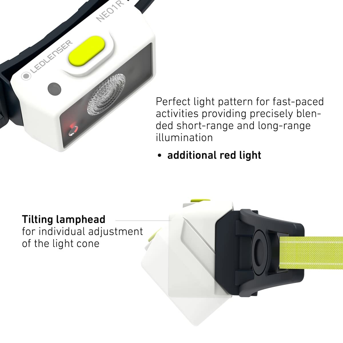 : A promotional image for the LED Lenser NEO1R headlamp, highlighting its features. The top part of the image shows the front of the headlamp with a white housing, yellow button, and LED lens. The text next to it states, "Perfect light pattern for fast-paced activities providing precisely blended short-range and long-range illumination" and "additional red ligh