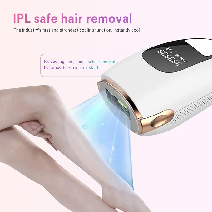 A white handheld IPL hair removal device with an LED display showing 999999 in use, emitting a blue light onto a person's leg. The image highlights the device's safe hair removal capabilities and features ice cooling care for painless hair removal, promoting smooth skin instantly. The text emphasizes the device's first and strongest cooling function.