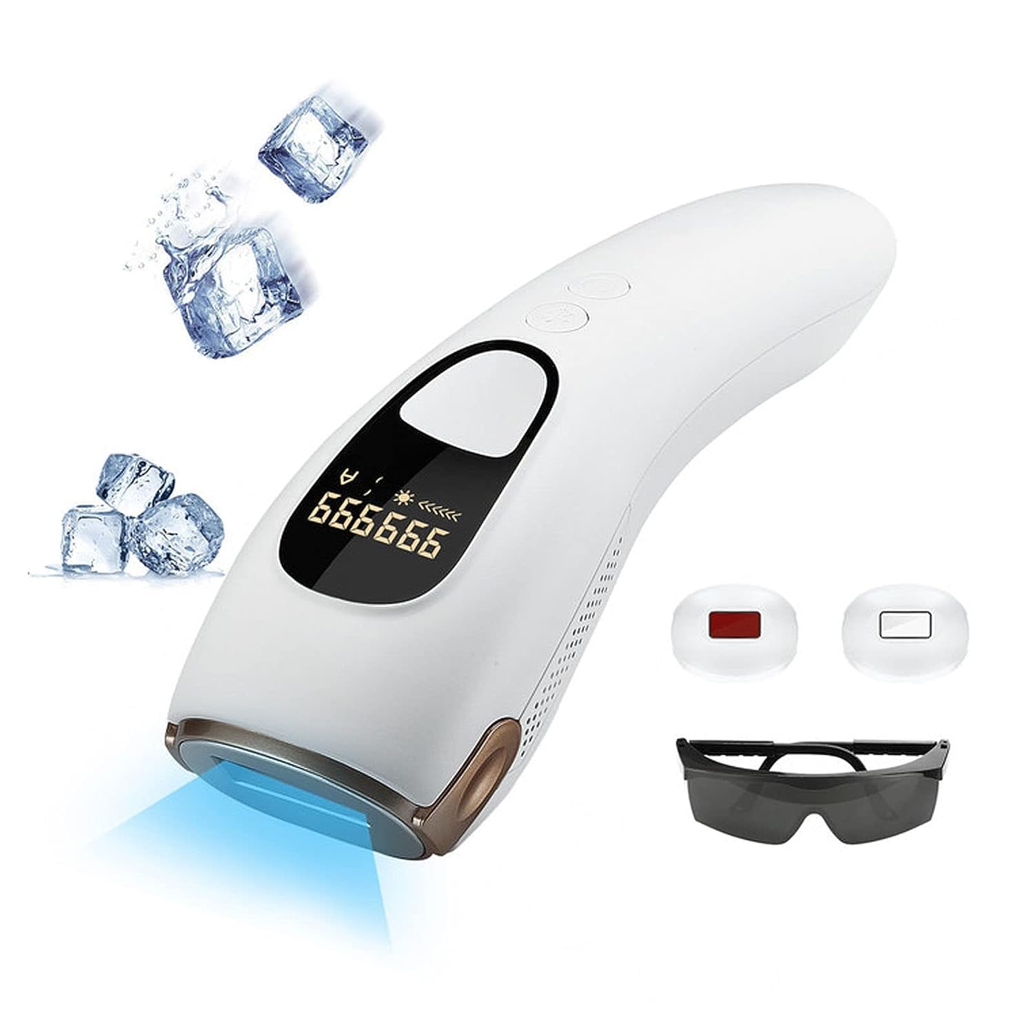 : A white handheld IPL (Intense Pulsed Light) hair removal device with an LED display showing the number 666666, accompanied by two interchangeable flash heads, ice cubes indicating a cooling feature, and protective goggles. The device emits a blue light from its treatment window.