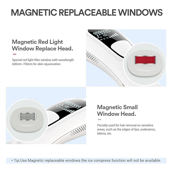 An informational image titled "MAGNETIC REPLACEABLE WINDOWS" showcasing two types of replaceable heads for a beauty device. The top section highlights the "Magnetic Red Light Window Replace Head," which is designed for skin rejuvenation with a wavelength of 600nm-700nm