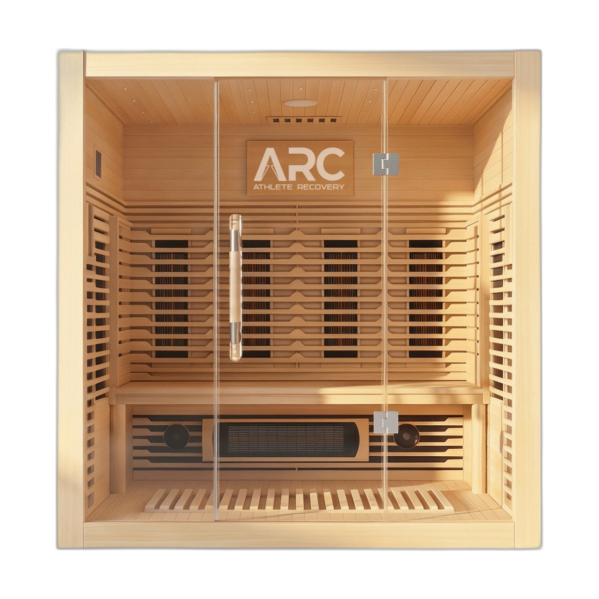ARC Ember 3 person full spectrum infrared sauna, front view on white background