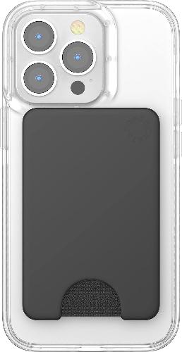 Clear smartphone case with a black cardholder attachment securely in place, designed for MagSafe compatibility. The cardholder features a minimalist design with a notch at the bottom for easy card access and the Popsockets logo embossed in the corner.