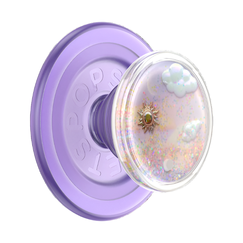 ALT: Dreamy Poool PopSocket - side view of a purple PopSocket with a glittery circular design featuring small clouds and stars.