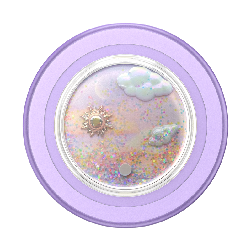 ALT: Dreamy Poool PopSocket - close-up of a purple PopSocket with a glittery circular design featuring small clouds and stars.