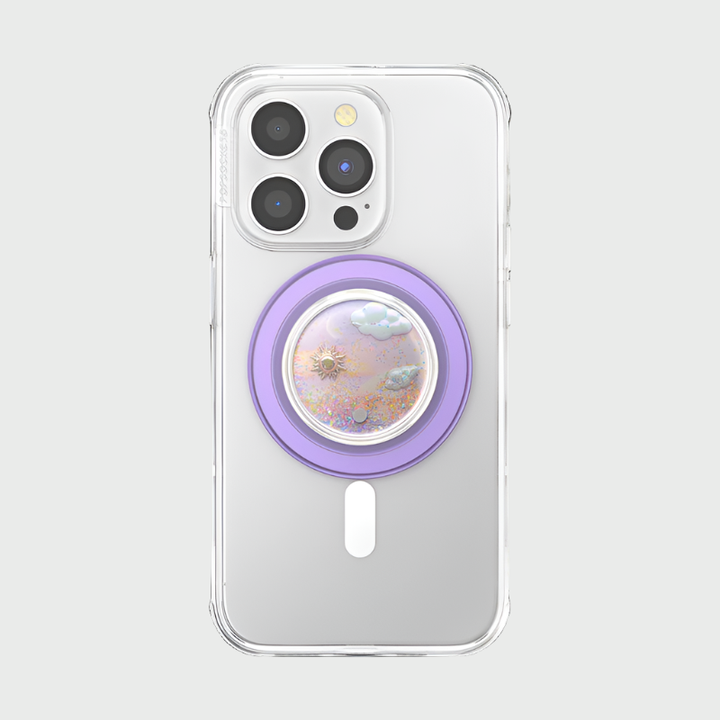 A purple PopSocket called "Dreamy Poool" with a glittery circular design featuring small clouds and stars.