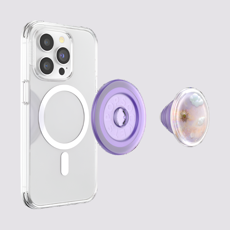 PopSockets Tidepool Dreamy Whirl PopGrip for MagSafe, featuring a whimsical, glitter-filled design with floating elements, alongside a detachable purple base, ideal for adding a touch of magic and practicality to your MagSafe-compatible device.