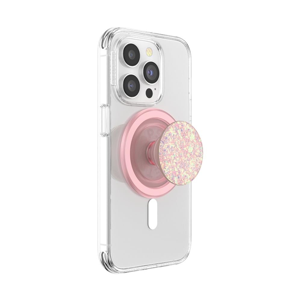 This image features a clear smartphone case equipped with a pink, iridescent PopSocket that is MagSafe-compatible. The PopSocket, with its shimmering glitter top, attaches magnetically to the case, offering a secure and stylish grip for the phone. The case itself is sleek and transparent, allowing the phone’s design to remain visible while adding both functionality and an aesthetic pop to the device.