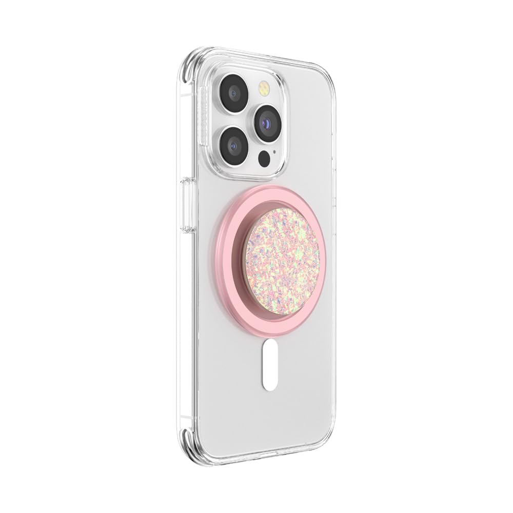 This image shows a clear MagSafe-compatible phone case paired with a pink, glittery PopSocket securely attached to the case. The PopSocket features a flat, shimmering design with an iridescent sparkle effect and a smooth, rounded edge. It combines both function and style, providing an easy grip while adding a trendy and aesthetic touch to the phone.