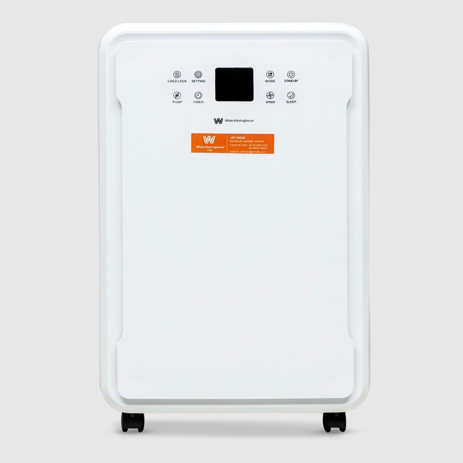 A white 70-liter dehumidifier with a simple, rectangular design on wheels for easy mobility. The front panel features control icons and a small display screen at the top, the White-Westinghouse logo below it, and an orange information label towards the bottom.