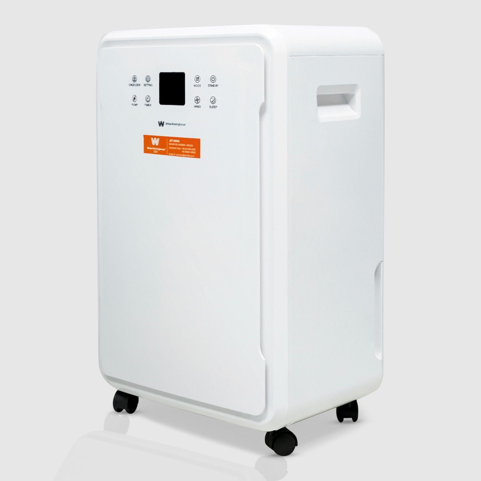  A white 70-liter dehumidifier with a simple, rectangular design on wheels for easy mobility. The front panel features control icons and a small display screen at the top, the White-Westinghouse logo below it, and an orange information label towards the bottom. The side view shows built-in handles for easy carrying.