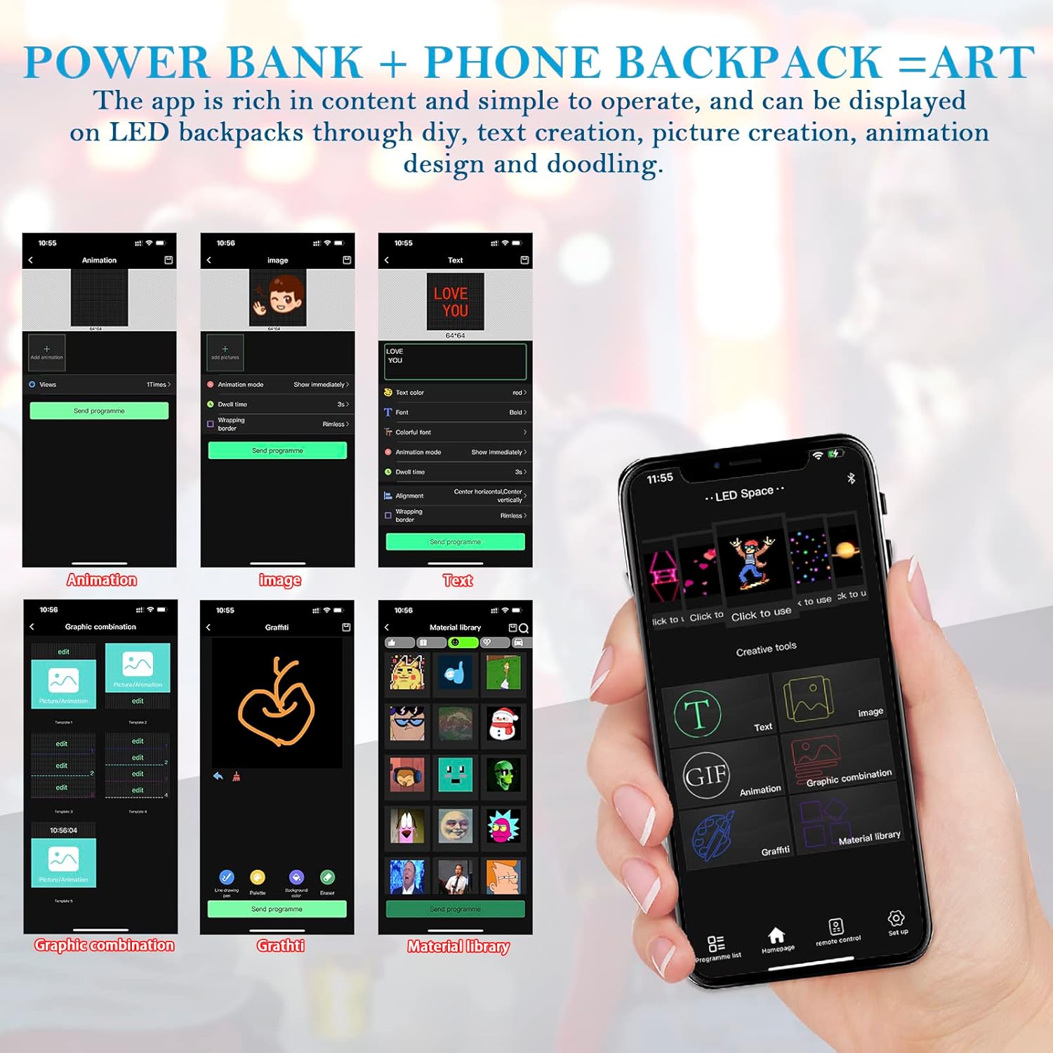 Power bank and phone backpack app interface, showcasing features for creating and displaying animations, images, text, and doodles on LED backpacks.