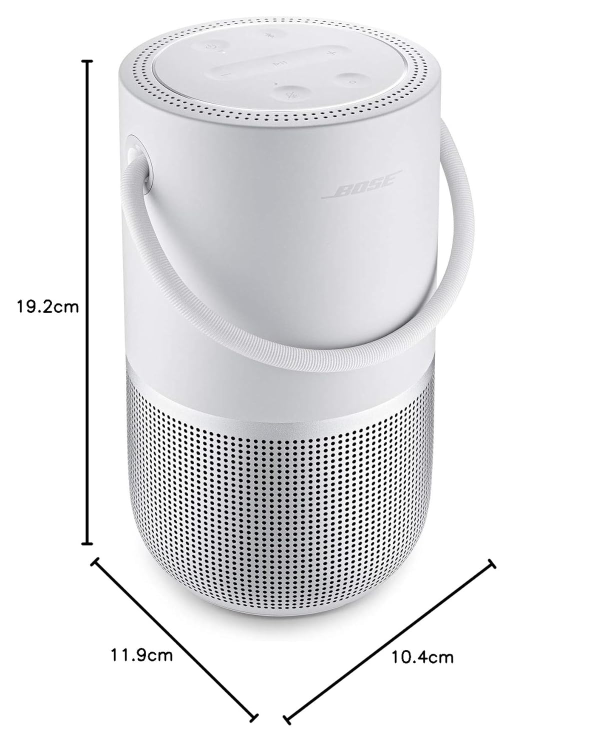 White portable speaker with dimensions labeled on a white background