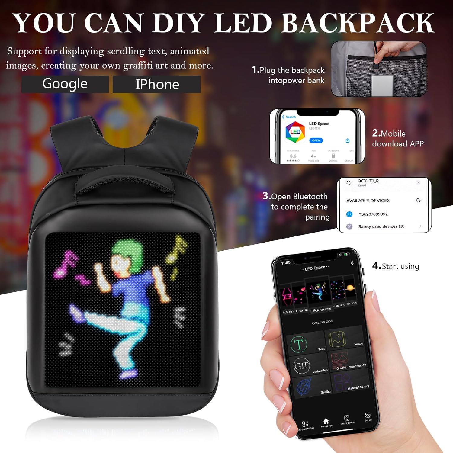 Advertisement for a DIY LED backpack. The image shows a black LED backpack displaying a pixelated character dancing, and a smartphone with an app interface used to control the LED display. Instructions are provided:  Plug the backpack into a power bank. Download the mobile app (available for Google and iPhone). Open Bluetooth to complete the pairing. Start using the app to display scrolling text, animated images, and create custom graffiti art.