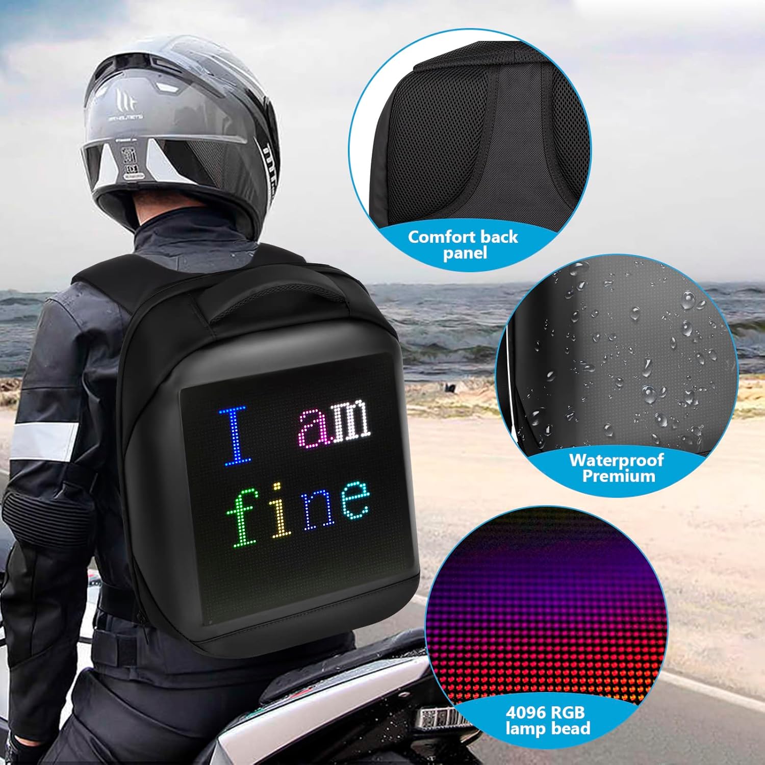 The image includes insets showing the comfort back panel, waterproof material, and 4096 RGB lamp beads used for the LED display, highlighting the backpack's advanced features and durability.