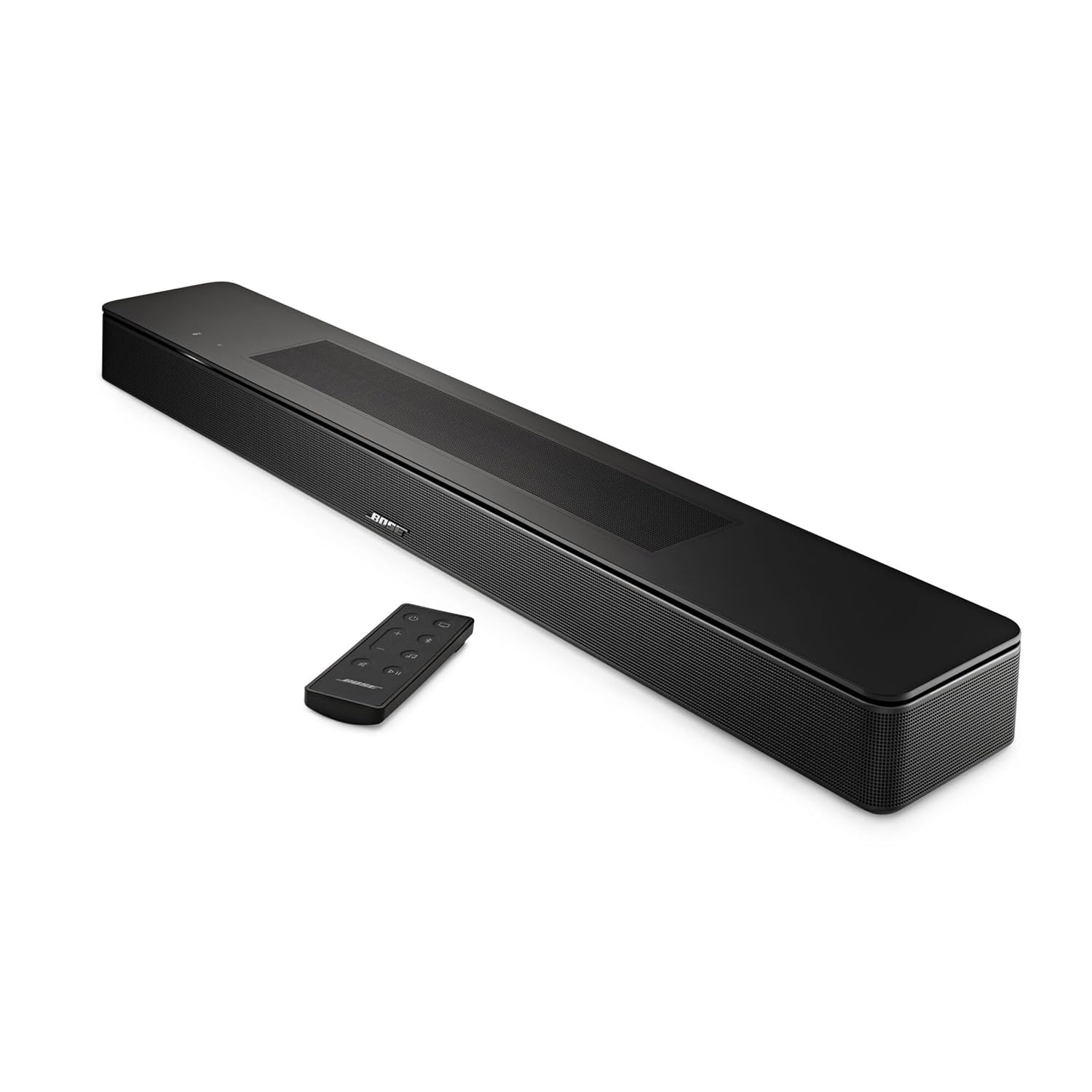 Black soundbar with remote control on a white background