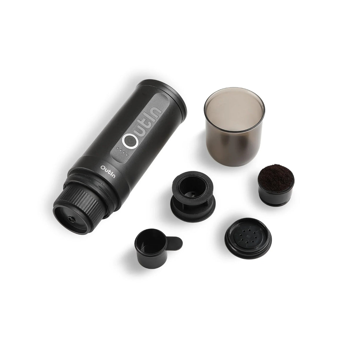 OutIn Nano Space Grey with accessories: capsule adapter, grounds basket, scoop and cup