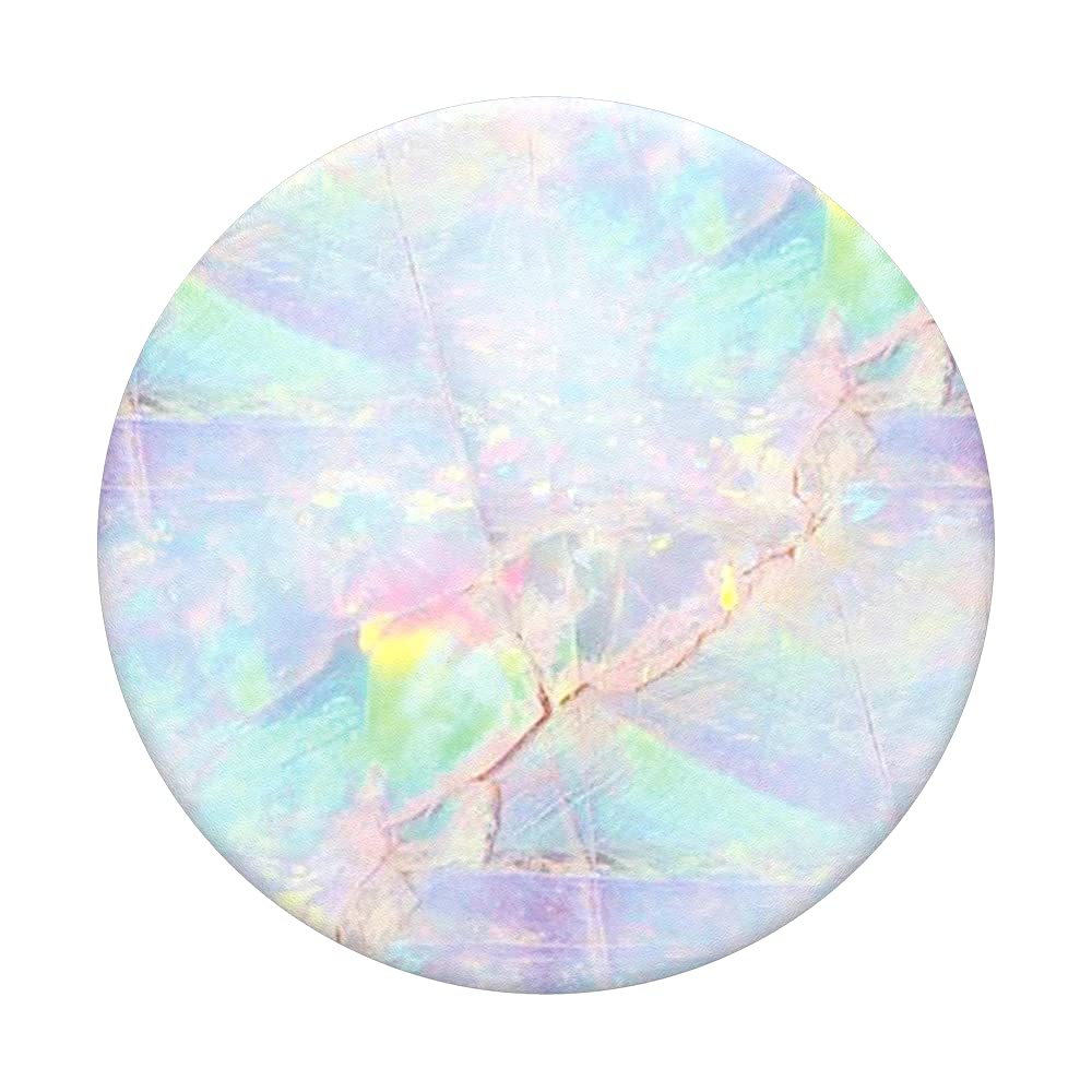 : A PopSockets Phone Grip with Expanding Kickstand in the Opal design. The top of the grip features a delicate, iridescent pattern with a mix of pastel colors, including shades of pink, blue, green, and yellow, resembling the appearance of an opal gemstone. The soft, shimmering effect creates a unique and visually appealing look.