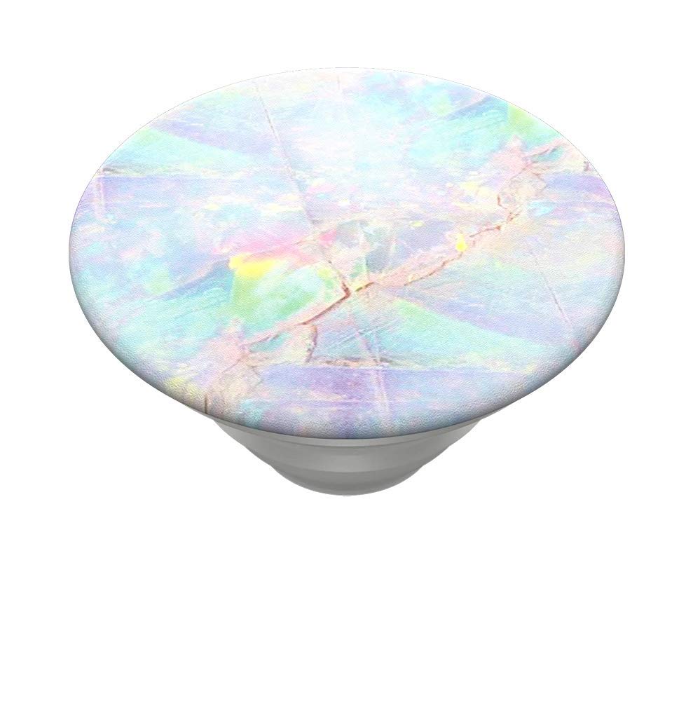  A close-up view of a PopSockets Phone Grip with Expanding Kickstand in the Opal design, shown in an extended state. The top features an iridescent pattern with pastel colors such as pink, blue, green, and yellow, resembling the appearance of an opal gemstone. The base is white, complementing the opal design and providing a stylish and functional accessory.