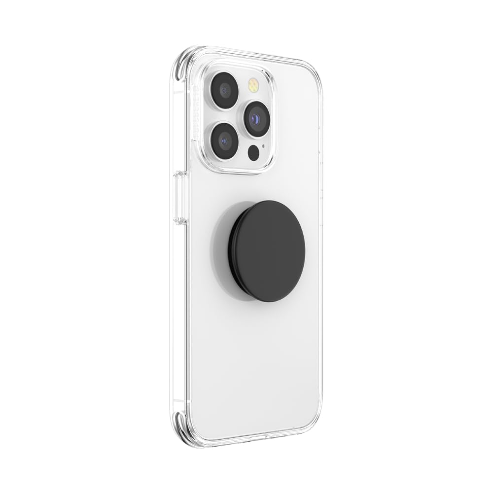 A white smartphone with a clear case, featuring a black PopSockets Phone Grip with Expanding Kickstand attached to the back. The grip is in its collapsed state, providing a sleek and minimalist look. The clear case allows the phone's design to be visible while the black PopSocket adds functionality and style, making it easier to hold the phone securely and use the kickstand feature for hands-free viewing.