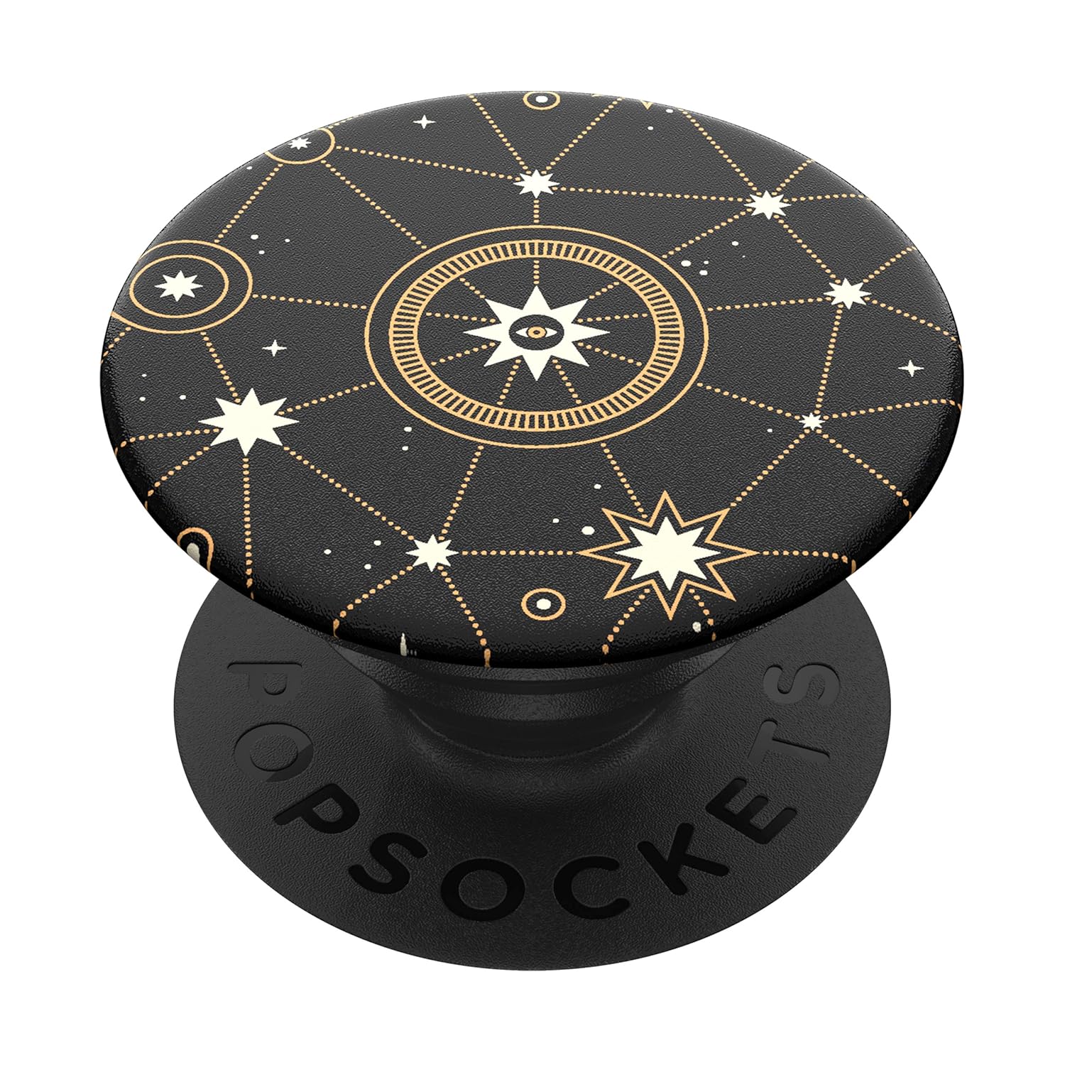 A close-up view of a PopSockets phone grip featuring a star chart design with various constellations and celestial symbols in white and gold on a black background. The grip is in its expanded form, providing a better hold and stand functionality for smartphones.