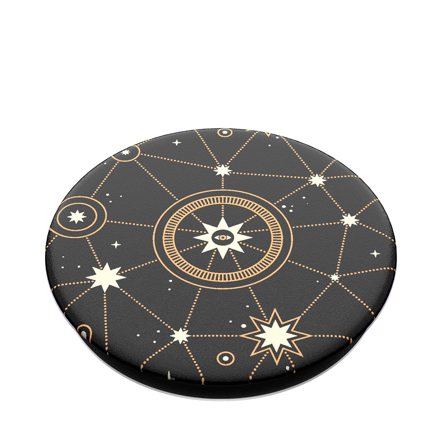 A PopSockets phone grip featuring a star chart design with constellations and celestial symbols in white and gold on a black background, shown in its flat, collapsed form.