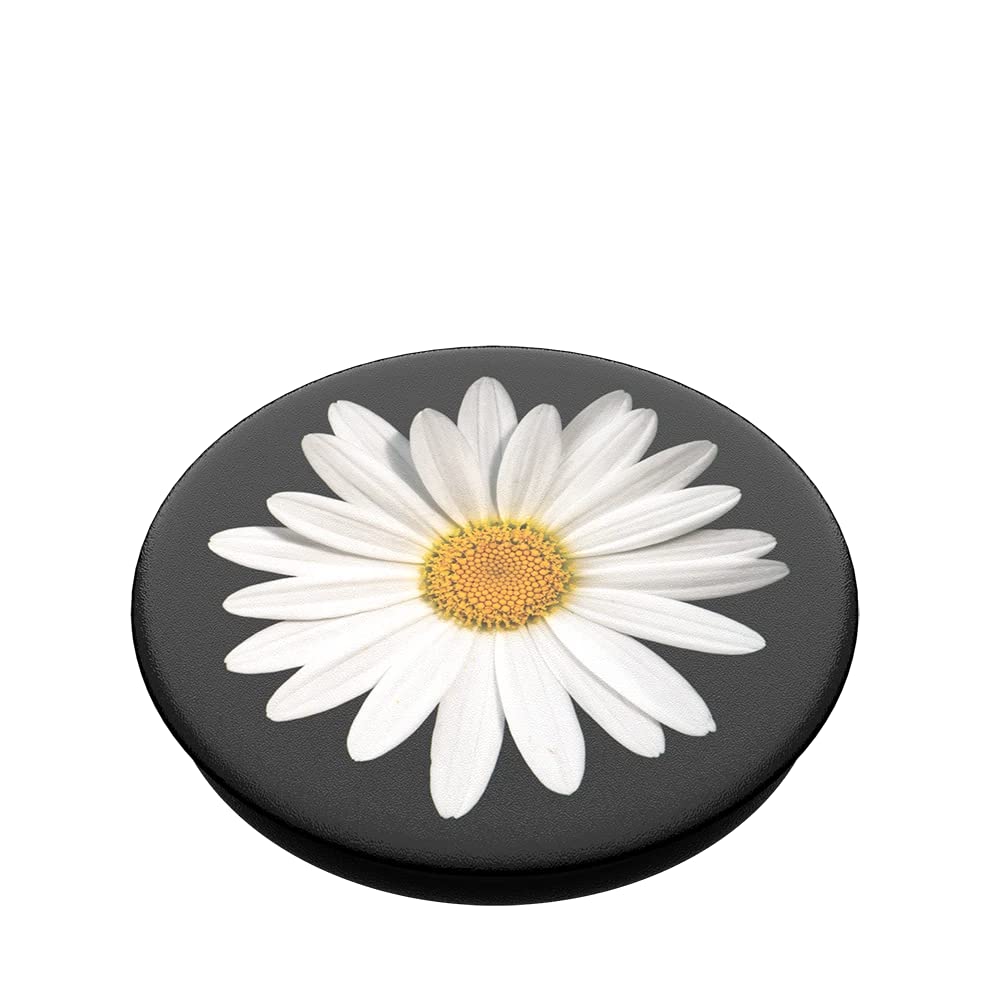 A close-up view of a PopSockets phone grip top, featuring a detailed image of a white daisy with a yellow center. The background of the top surface is black, highlighting the vibrant colors of the daisy petals and center.