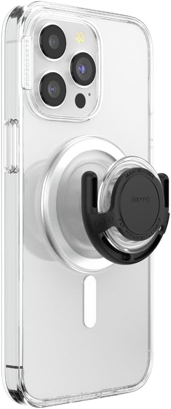 Clear PopSockets PopGrip paired with a black PopMount Multi-Surface Mount, demonstrating its attachment and flexibility for mounting on different surfaces.