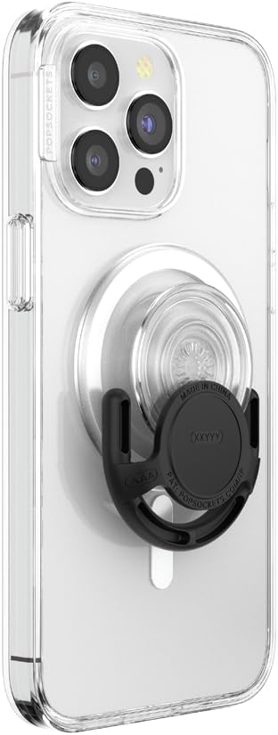 Clear PopSockets PopGrip with a black PopMount Multi-Surface Mount, showcasing its secure attachment and versatile mounting capability on various surfaces.