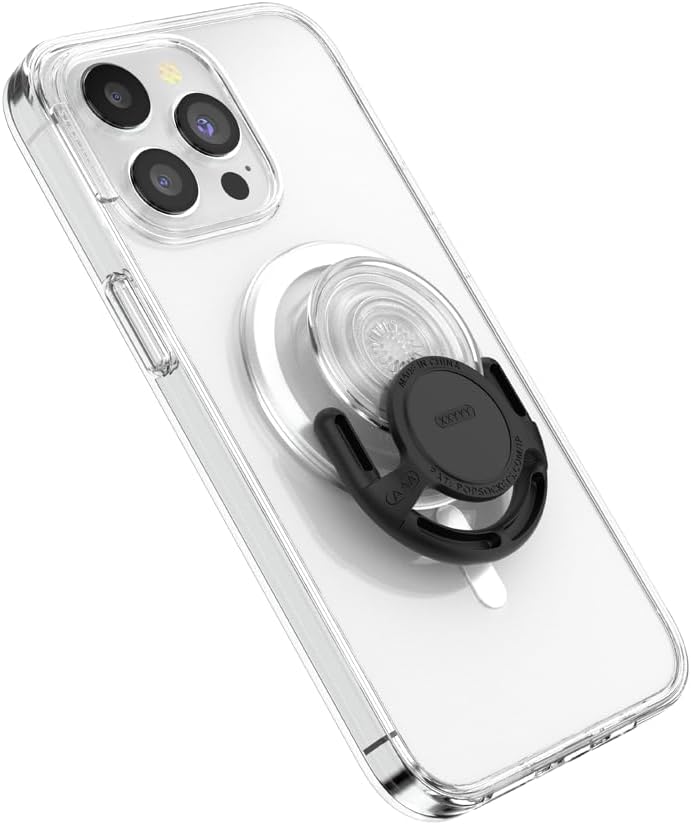 Side view of a black PopSockets PopMount Multi-Surface Mount attached to a PopGrip, highlighting its slim profile and versatile attachment for secure mounting on various surfaces.