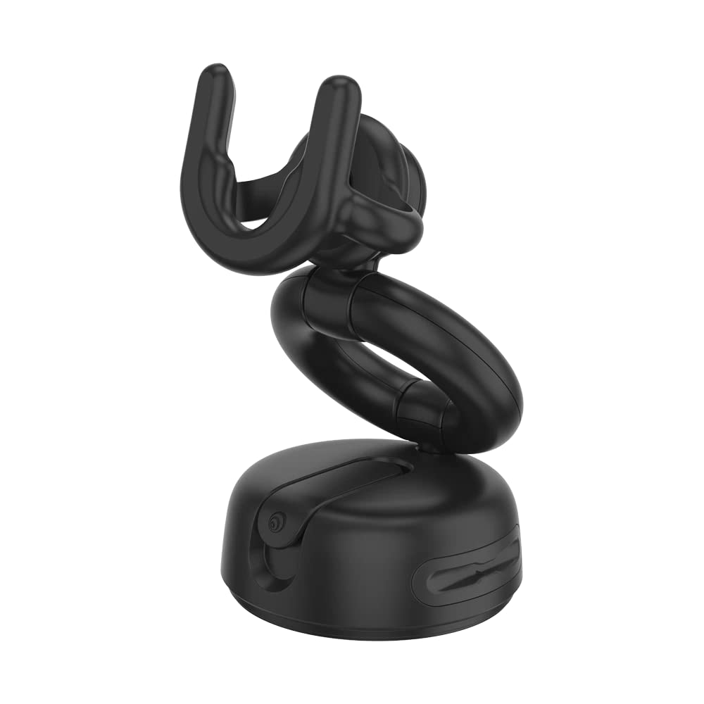 A black PopSockets Multi-Use G1 Dash Mount designed for desks. The mount features a flexible, spiral-shaped arm that allows for adjustable positioning, with a cradle at the top to securely hold a device. The base is sturdy, ensuring stability when placed on a desk. The overall design is sleek and functional, suitable for hands-free use of a smartphone or other devices.