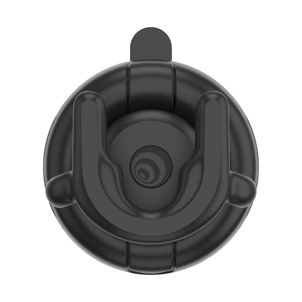 Top view of a black PopSockets Multi-Use G1 Dash Mount. The mount features a compact, cylindrical base with a flexible, spiral-shaped arm, and a cradle at the top designed to securely hold a device. The sleek and functional design allows for a stable and adjustable setup for holding smartphones or other devices.