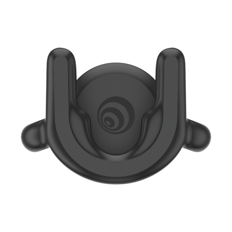 A black PopSockets PopMount G4 SF, designed with a compact and sturdy structure. The mount features a cradle with two prongs to securely hold a device, and a flexible arm for adjusting the position. The sleek black design provides a modern and functional accessory for mounting smartphones or other devices on various surfaces.