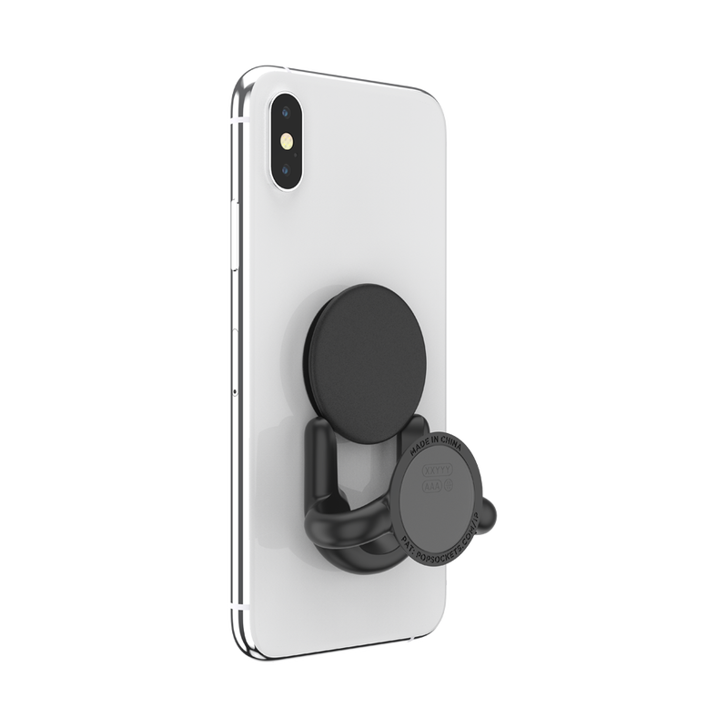 A white smartphone mounted on a black PopSockets PopMount G4 SF, shown from the back. The mount is securely attached to the phone, holding it in an upright position. The mount features a circular base with the PopSockets logo and model information visible. The sleek and compact design ensures a stable and low-profile setup, ideal for hands-free use on various surfaces.