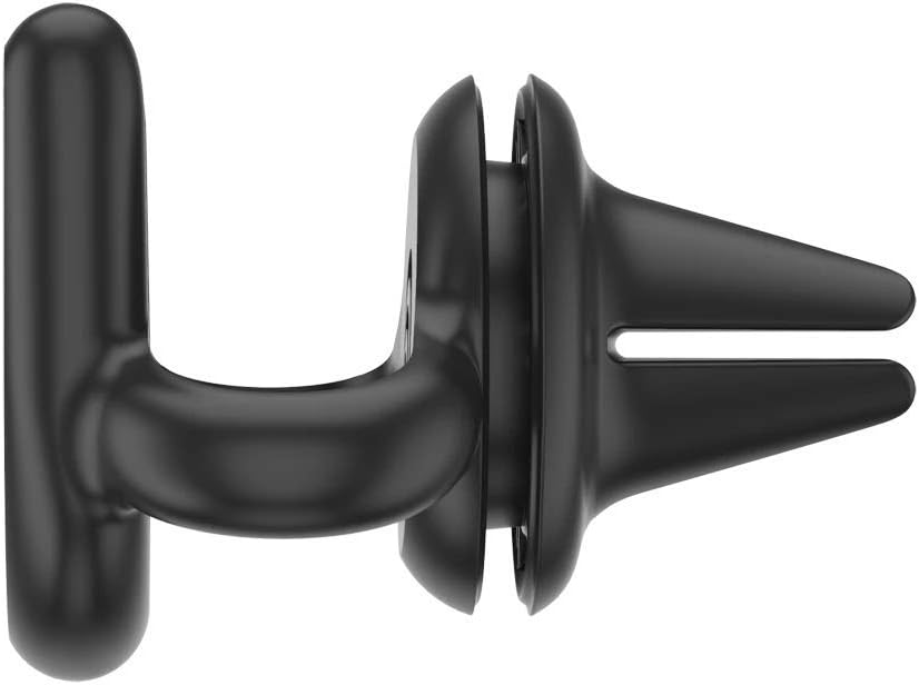  Side view of a black PopSockets G4 Vent Mount. The mount features a cradle with two prongs designed to securely hold a device and a circular base with vent clips at the back for attachment to a car's air vent. The sleek and compact design provides a stable and adjustable solution for hands-free use of smartphones while driving.