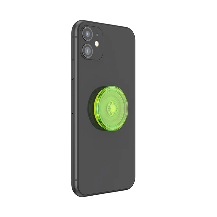 A black smartphone with a PopSockets PopGrip in the Neon Glow design attached to the back, shown in a collapsed state. The PopGrip features a bright, translucent neon green top and base. The vibrant neon green color stands out against the black background of the phone, making the PopGrip a functional and stylish accessory.