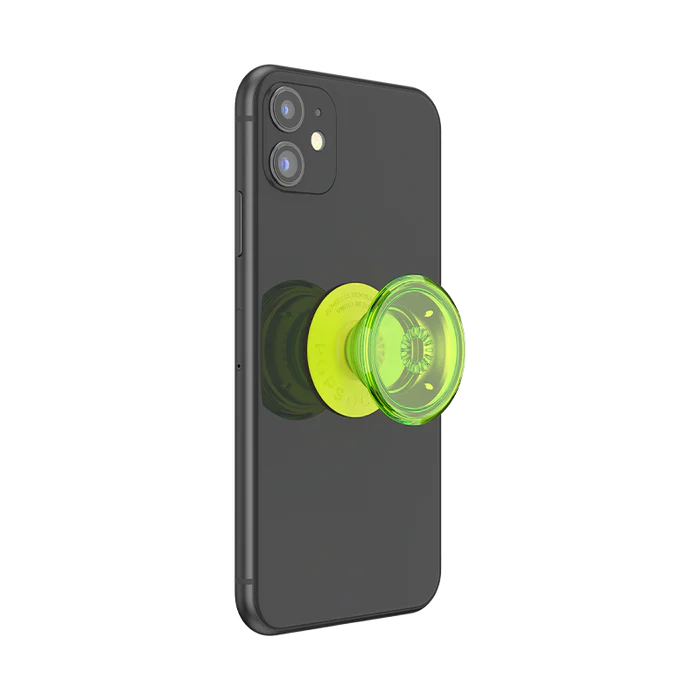 A black smartphone with a PopSockets PopGrip in the Neon Glow design attached to the back, shown in an extended state. The PopGrip features a bright, translucent neon green top and a matching neon green base. The vibrant neon green color contrasts sharply with the black background of the phone, providing both functionality and a stylish pop of color.