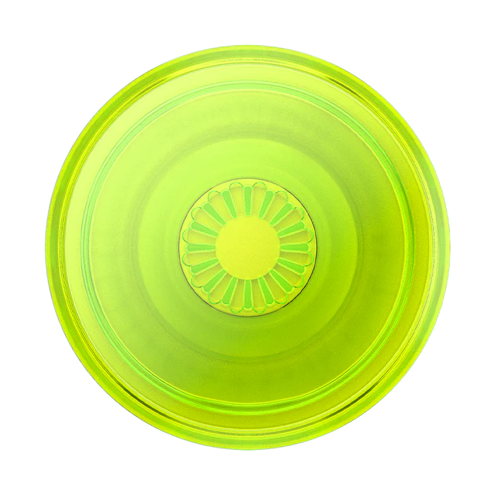 Top view of a PopSockets PopGrip in the Neon Glow design, showcasing a bright, translucent neon green color. The central area features a radial design, with the vibrant green color radiating outwards, creating a dynamic and eye-catching appearance.