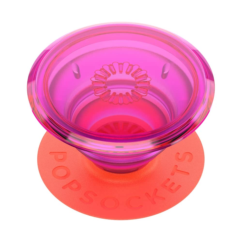 The Electric Sunrise color of the PopSockets PopGrip features a vibrant blend of pink and orange hues. The top part is a translucent, bold pink, while the base is a striking, solid orange. This color combination is designed to evoke the energy and vibrancy of a sunrise.