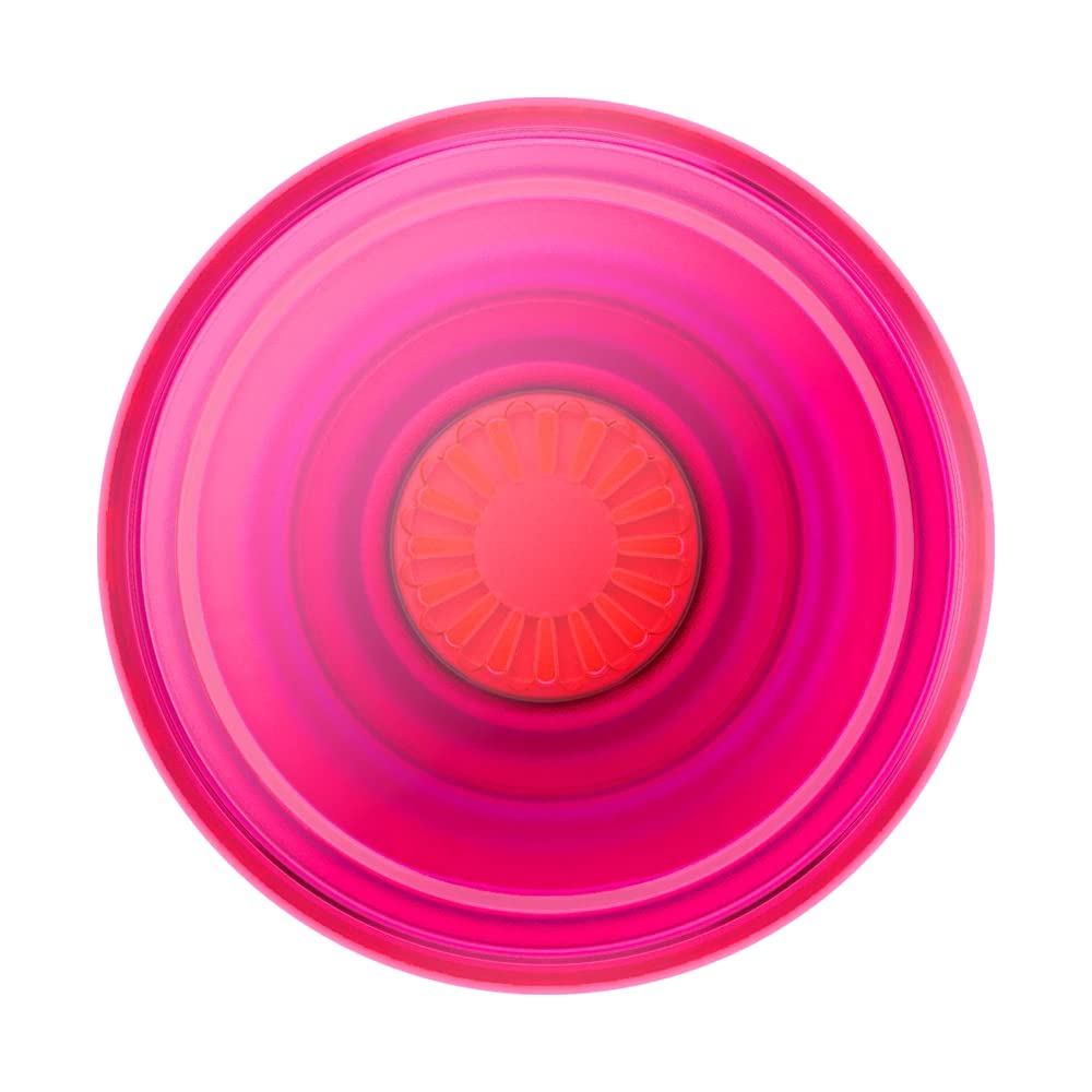  Top view of a PopSockets PopGrip in the Electric Sunrise design, showing a concentric pattern of vibrant pink and orange colors. The central area features an orange circular section with a radial design, surrounded by layers of translucent pink, creating a striking and energetic appearance.